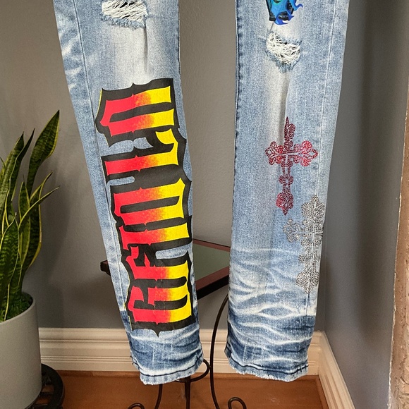 GFTD LA LONZO Men 40x32 Grunge Streetwear Skull Cross Alt Distressed Jeans Blue - Picture 4 of 12